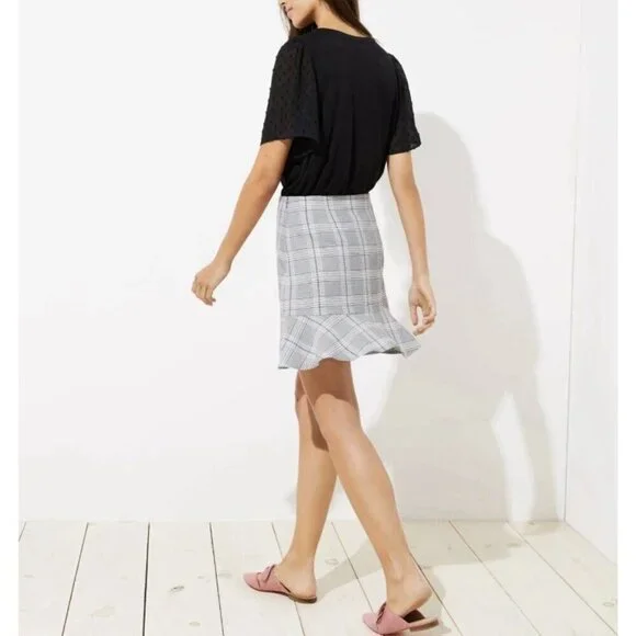 LOFT Skirt Womens 12 Gray Plaid Ruffle Hem Mini Academia Preppy Normcore Boho - Picture 6 of 8